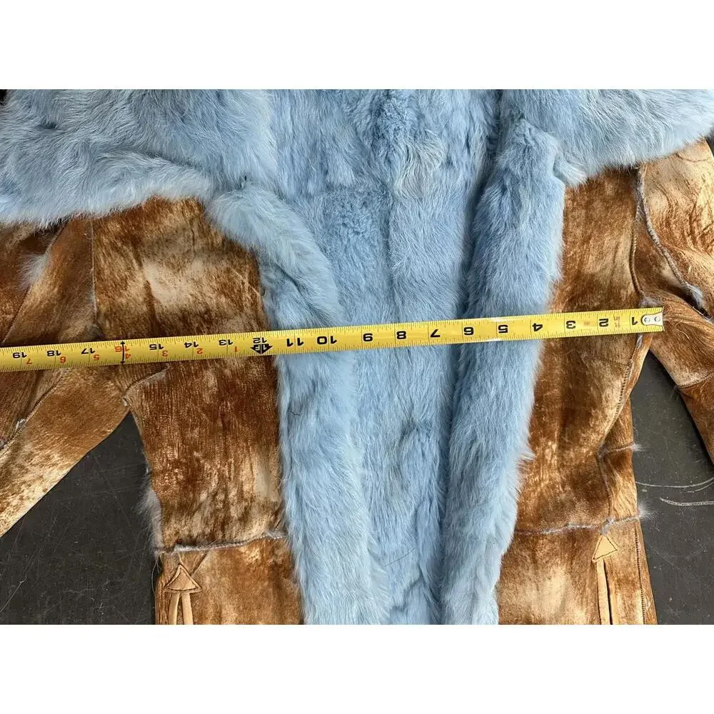 Vintage Long Rabbit Fur Trimmed Coat with Blue Accents - Size small to medium - Picture 4 of 8